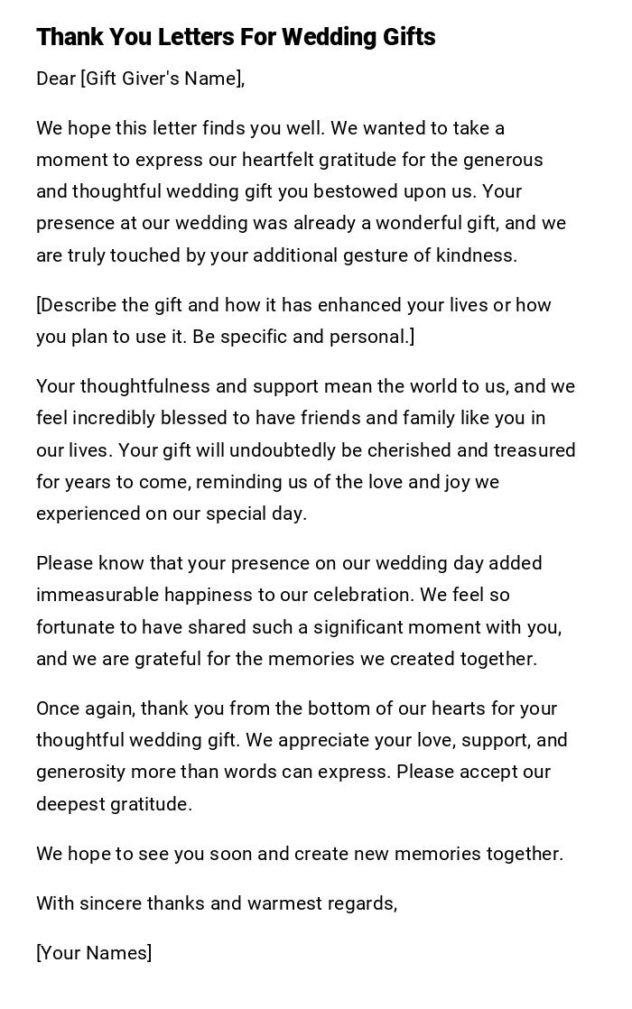 Thank You Letters For Wedding Gifts