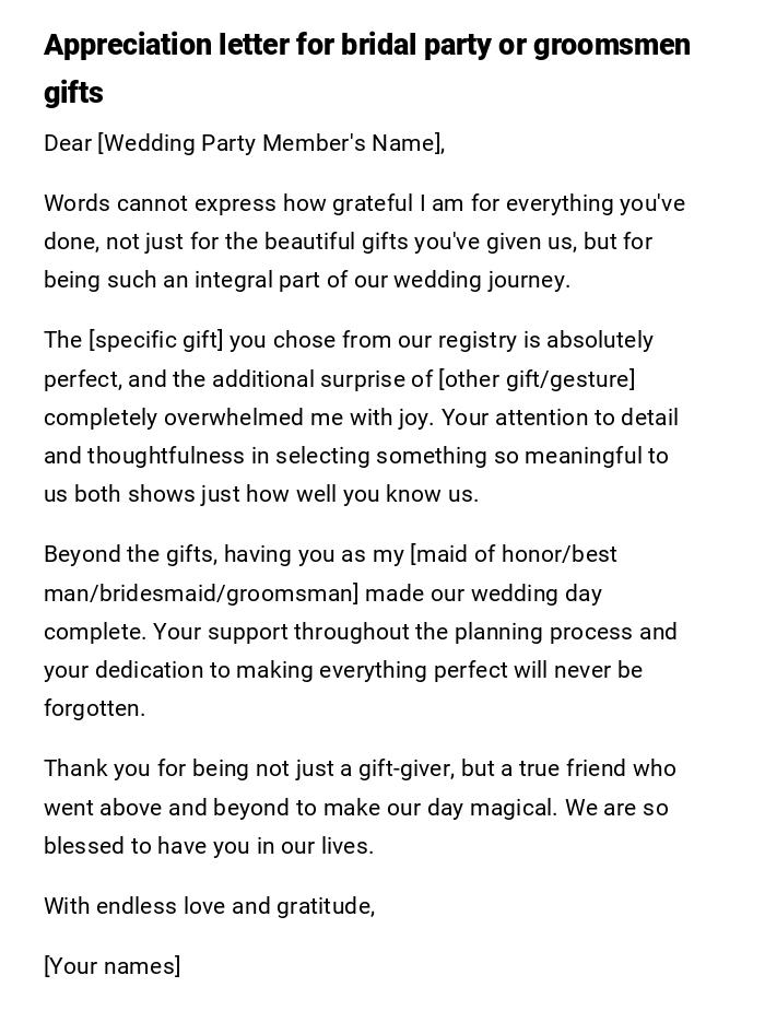 Appreciation letter for bridal party or groomsmen gifts Appreciation letter for bridal party or groomsmen gifts