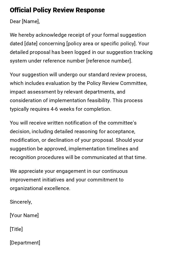 Official Policy Review Response Official Policy Review Response