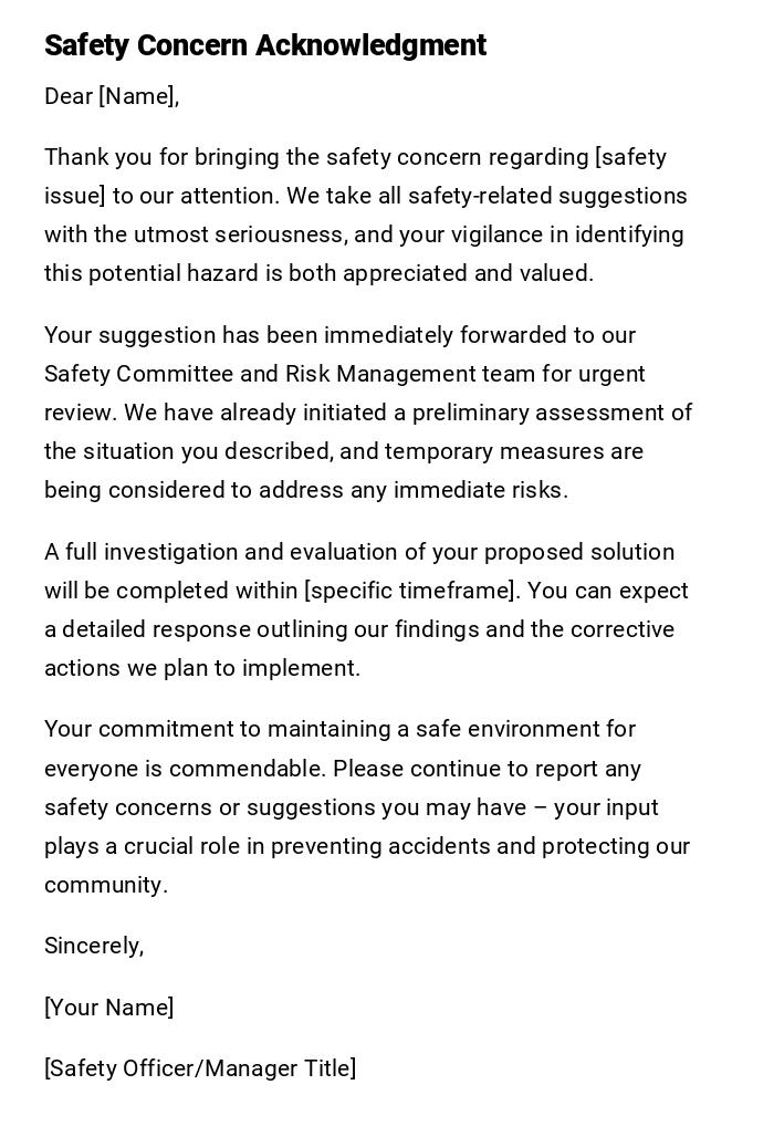 Safety Concern Acknowledgment Safety Concern Acknowledgment