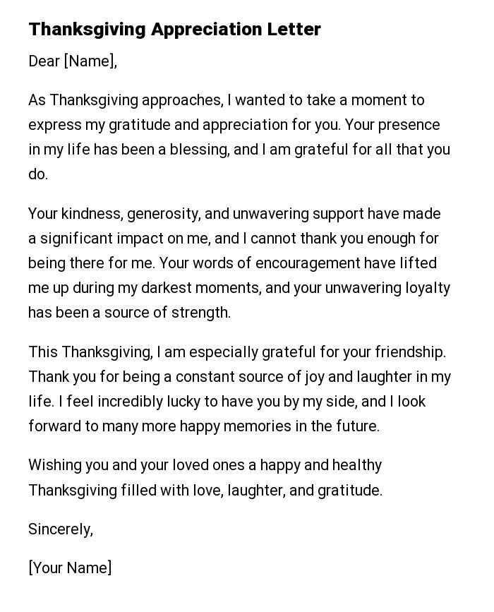 Thanksgiving Appreciation Letter