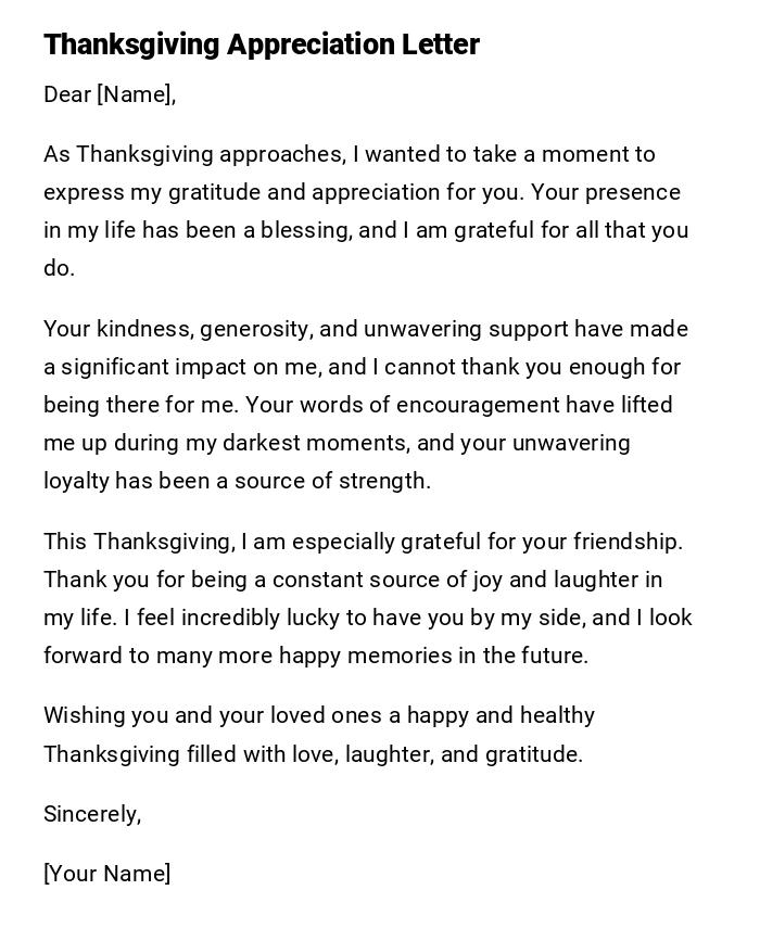 Thanksgiving Appreciation Letter