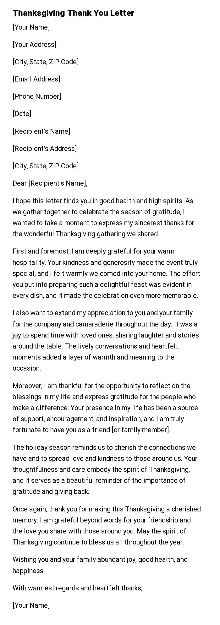Thanksgiving Thank You Letter