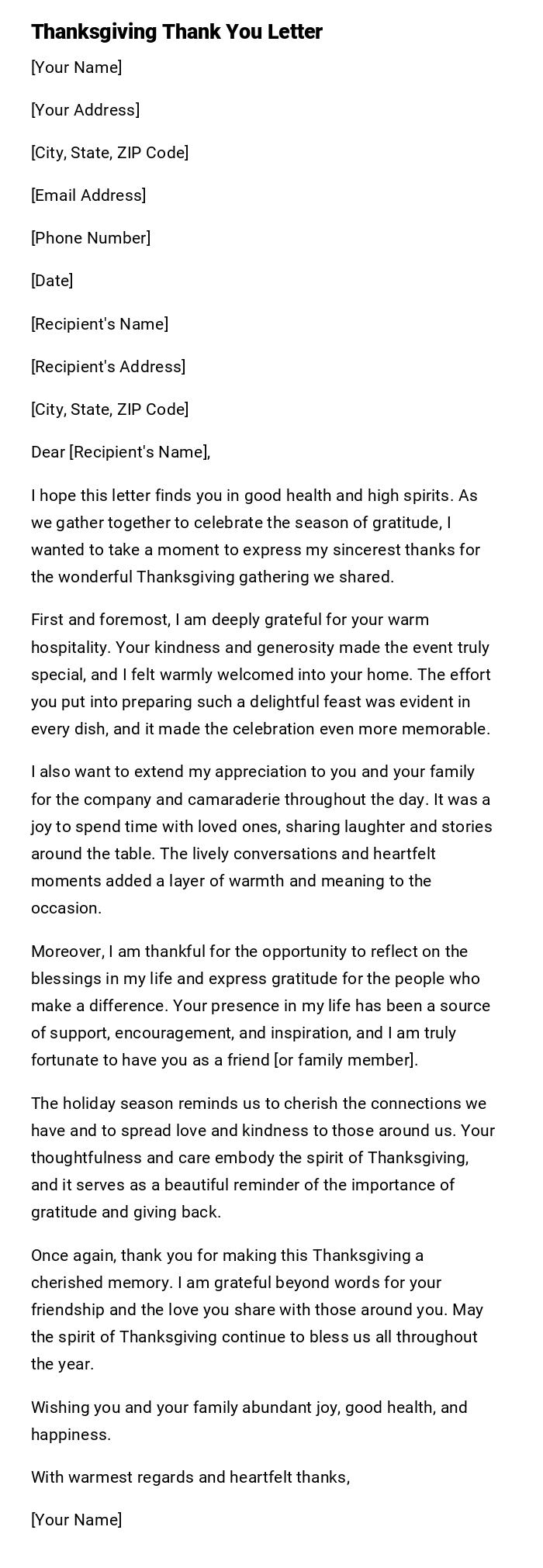 Thanksgiving Thank You Letter