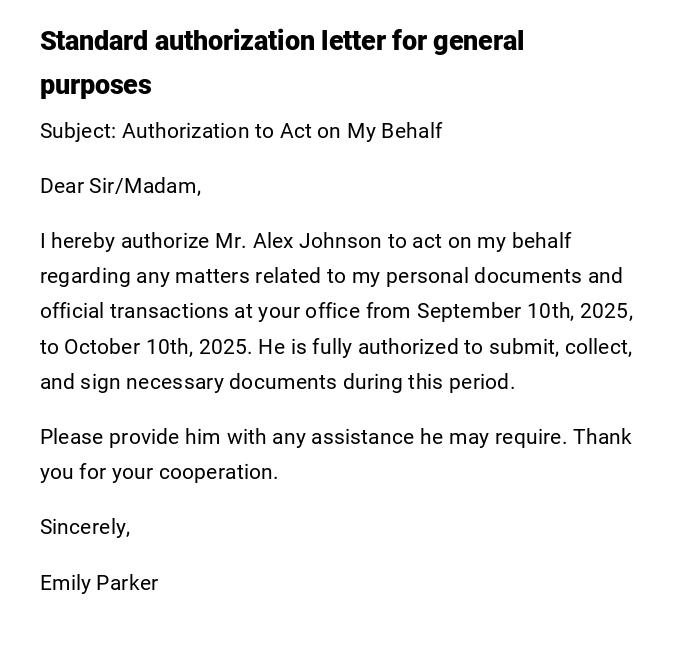 Standard authorization letter for general purposes Standard authorization letter for general purposes