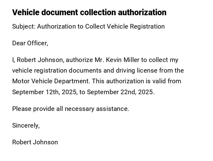 Vehicle document collection authorization Vehicle document collection authorization