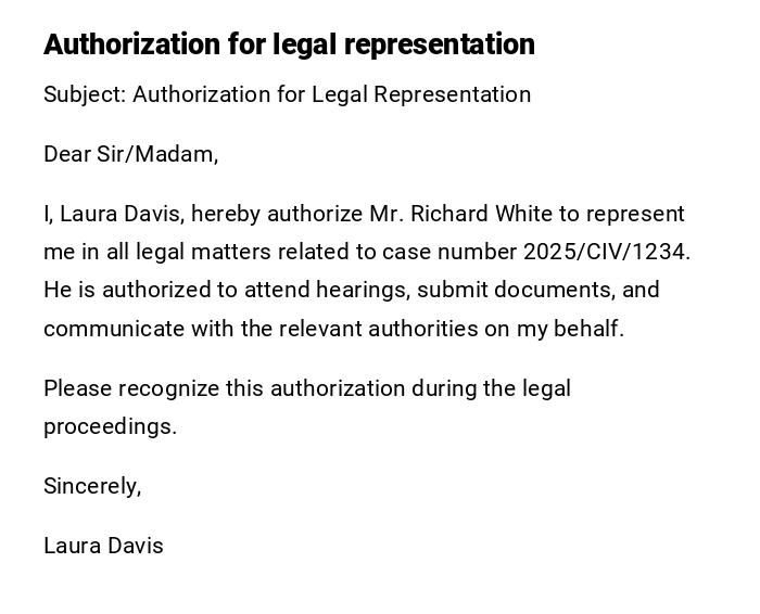 Authorization for legal representation Authorization for legal representation