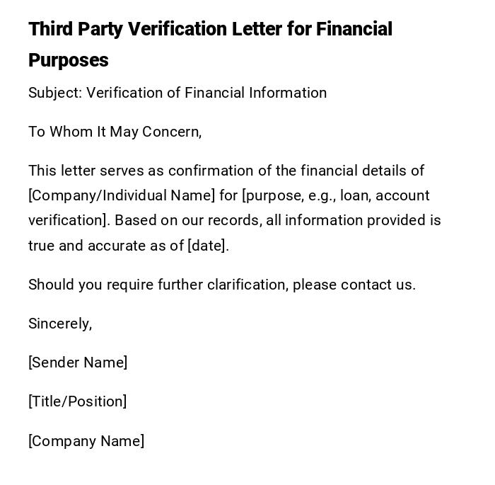 Third Party Verification Letter for Financial Purposes