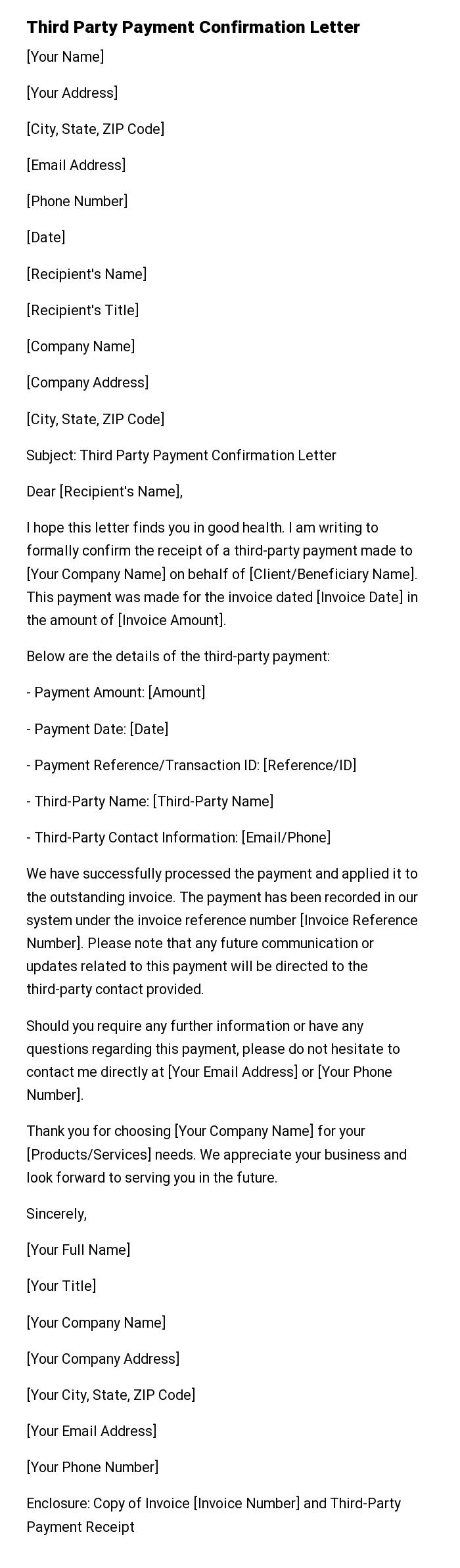 Third Party Payment Confirmation Letter