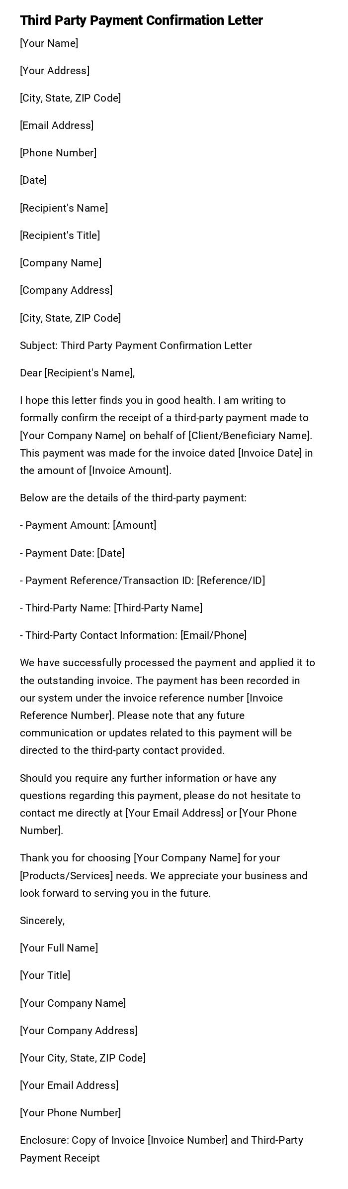 Third Party Payment Confirmation Letter