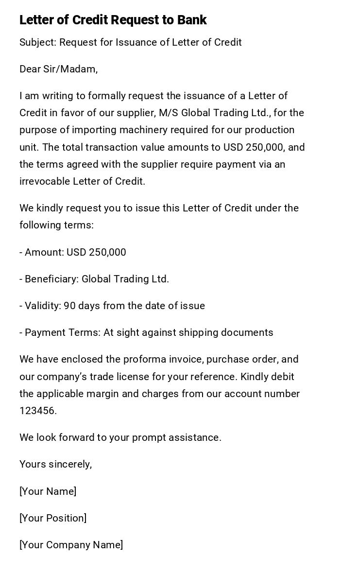 Letter of Credit Request to Bank Letter of Credit Request to Bank