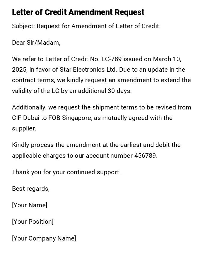 Letter of Credit Amendment Request Letter of Credit Amendment Request