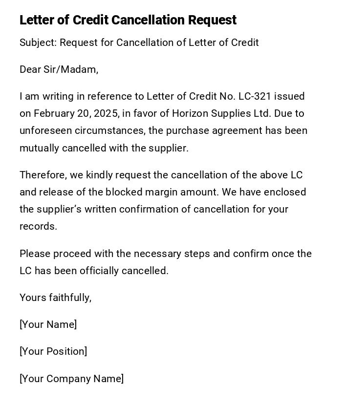 Letter of Credit Cancellation Request Letter of Credit Cancellation Request