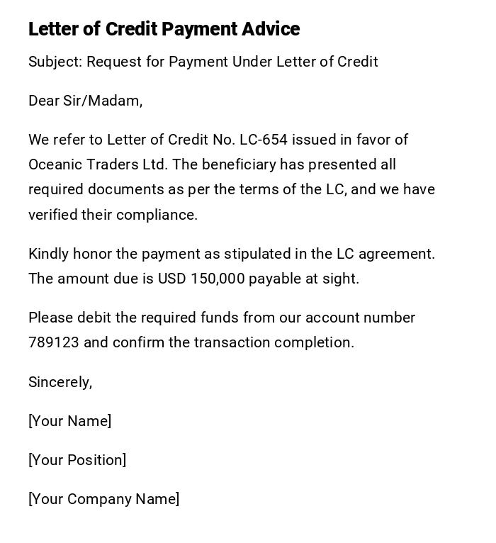 Letter of Credit Payment Advice Letter of Credit Payment Advice