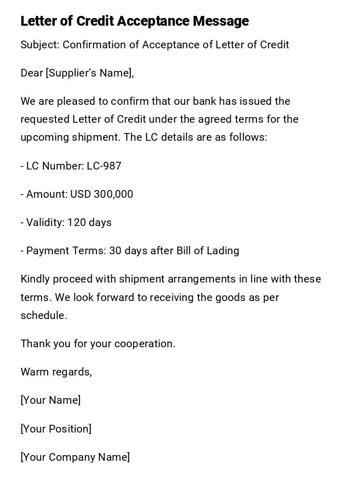 Letter of Credit Acceptance Message Letter of Credit Acceptance Message