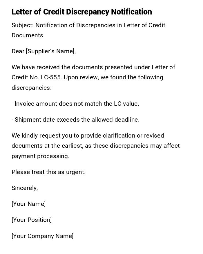 Letter of Credit Discrepancy Notification Letter of Credit Discrepancy Notification