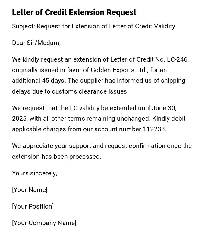 Letter of Credit Extension Request Letter of Credit Extension Request