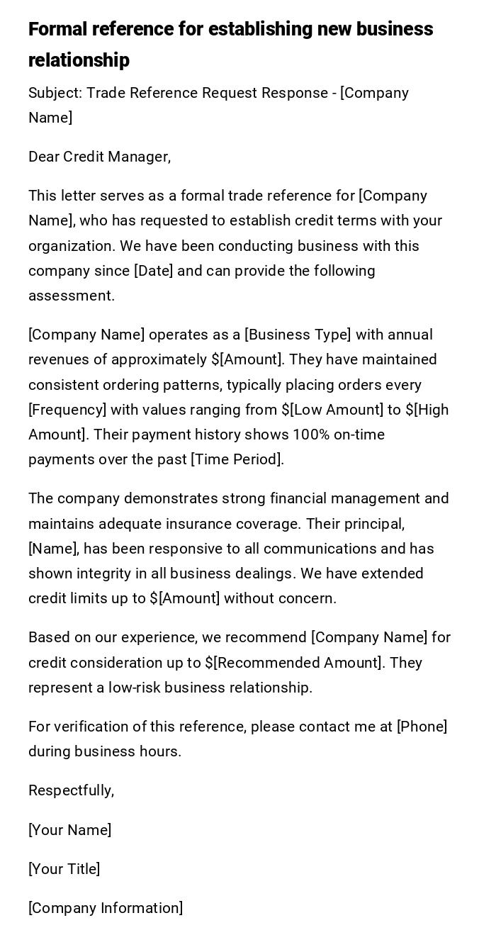 Formal reference for establishing new business relationship