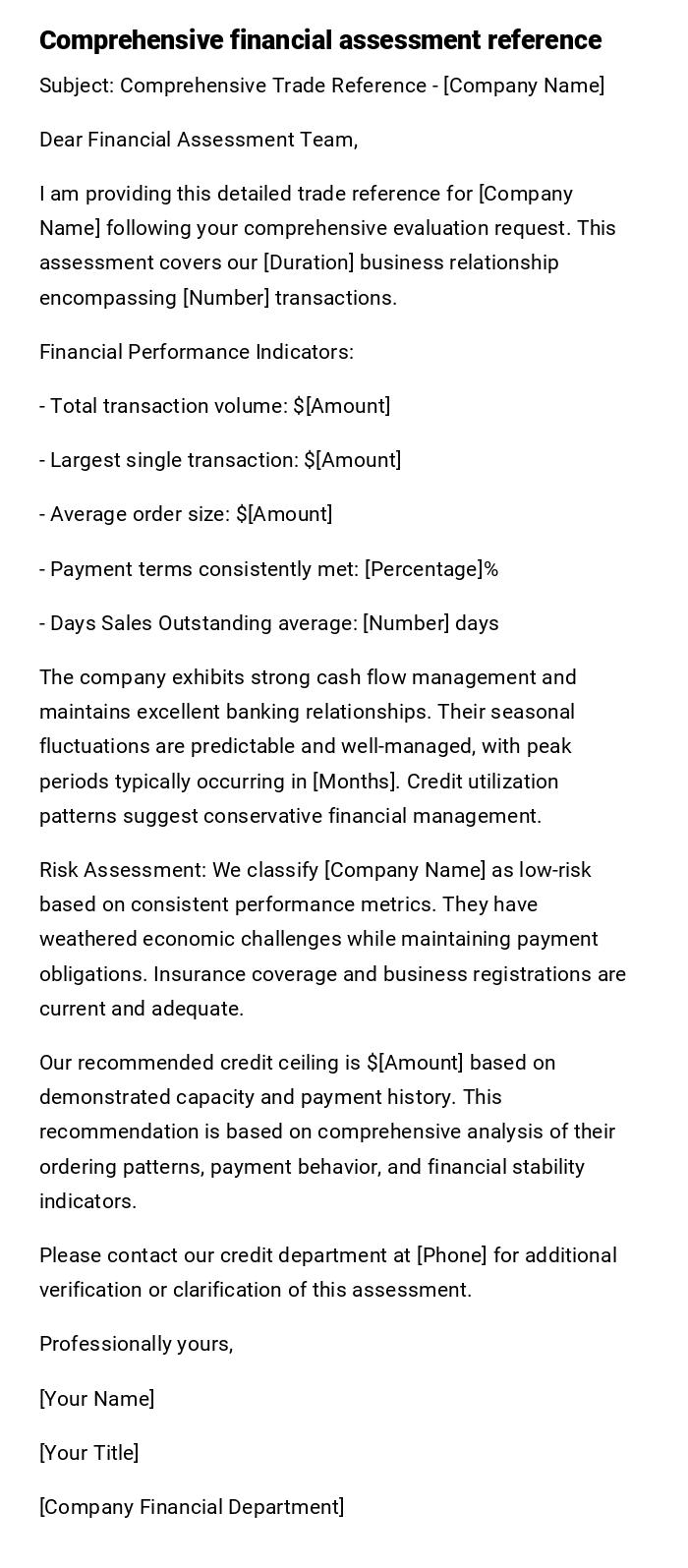 Comprehensive financial assessment reference