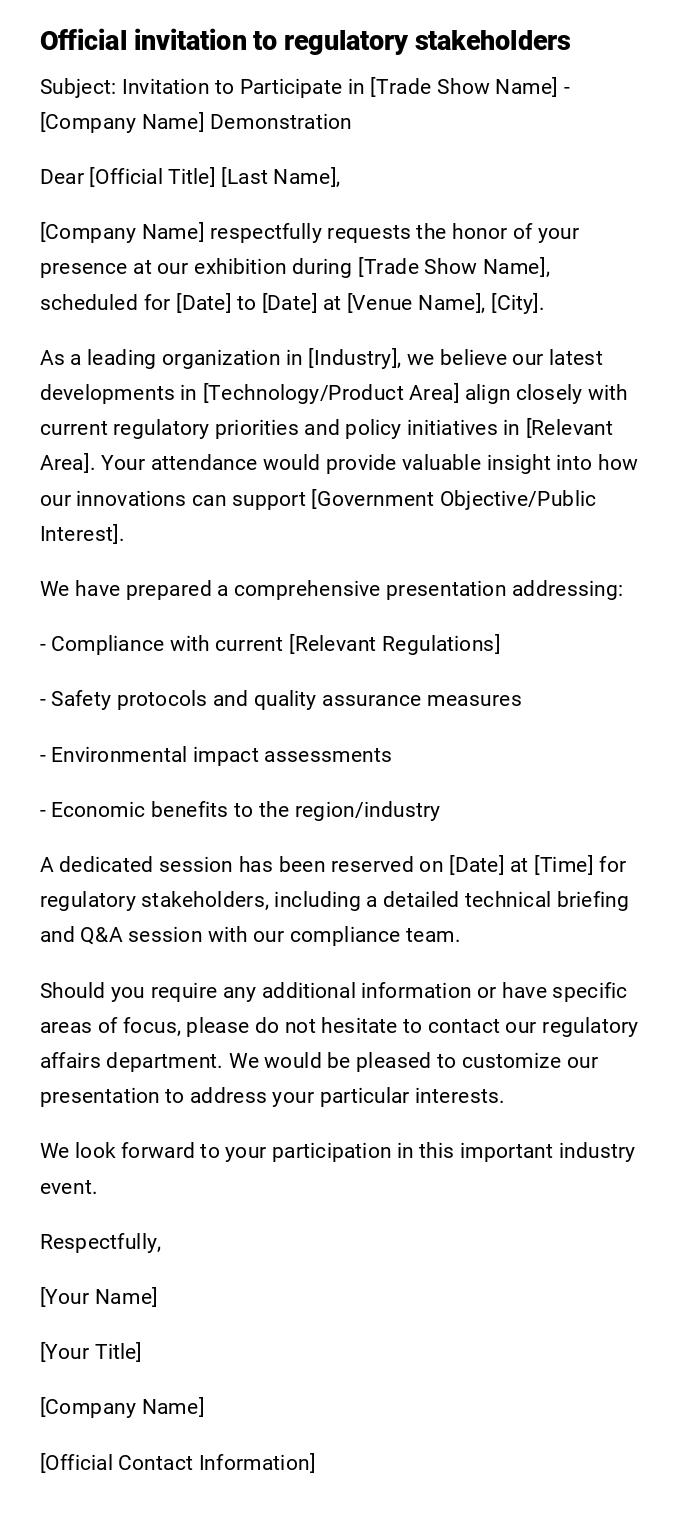 Official invitation to regulatory stakeholders