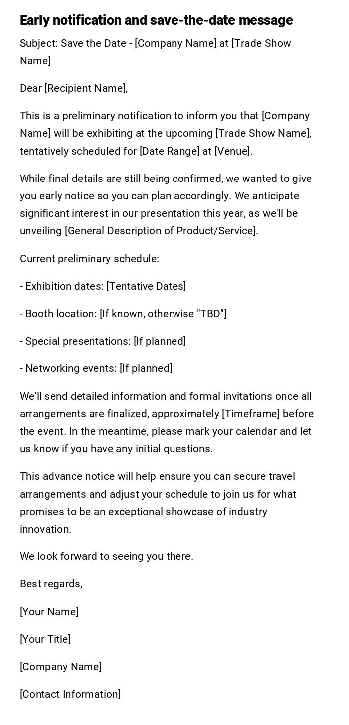 Early notification and save-the-date message
