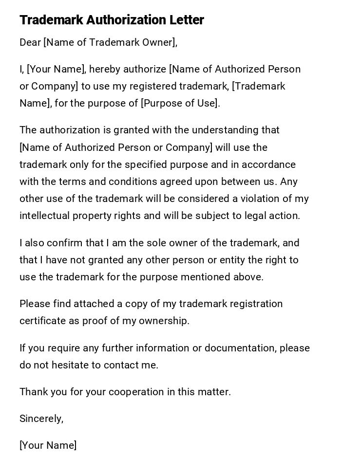 Trademark Authorization Letter Trademark Authorization Letter