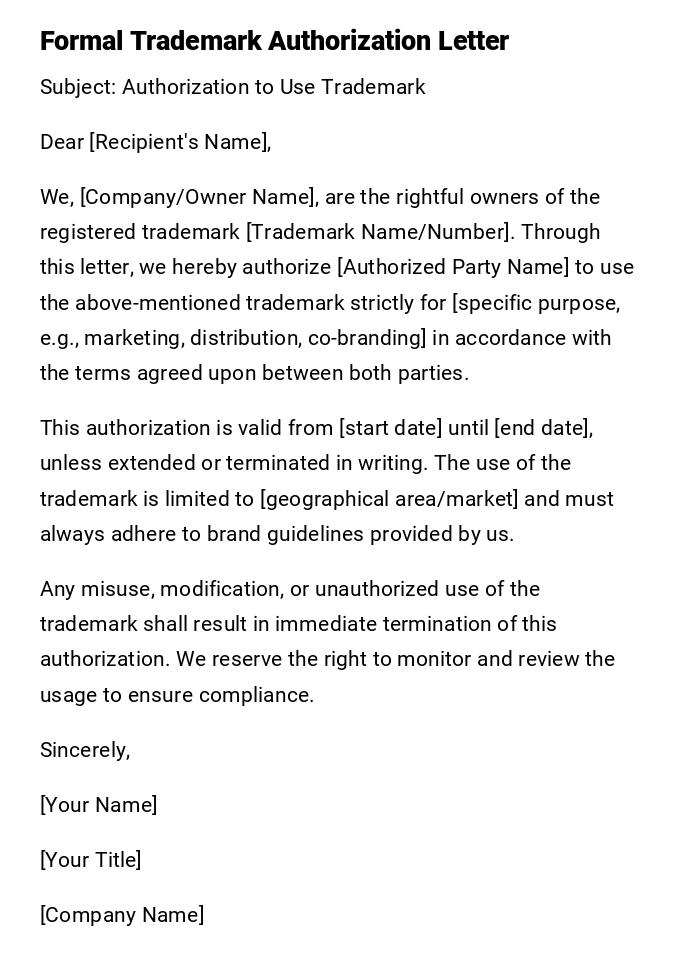 Formal Trademark Authorization Letter Formal Trademark Authorization Letter