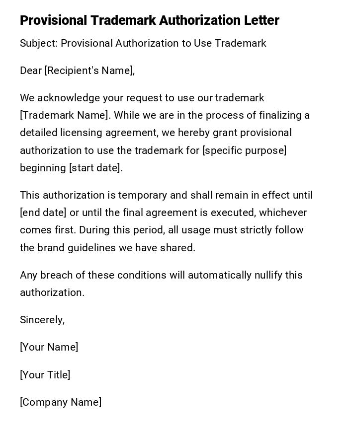 Provisional Trademark Authorization Letter Provisional Trademark Authorization Letter