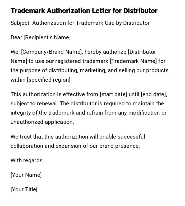 Trademark Authorization Letter for Distributor Trademark Authorization Letter for Distributor