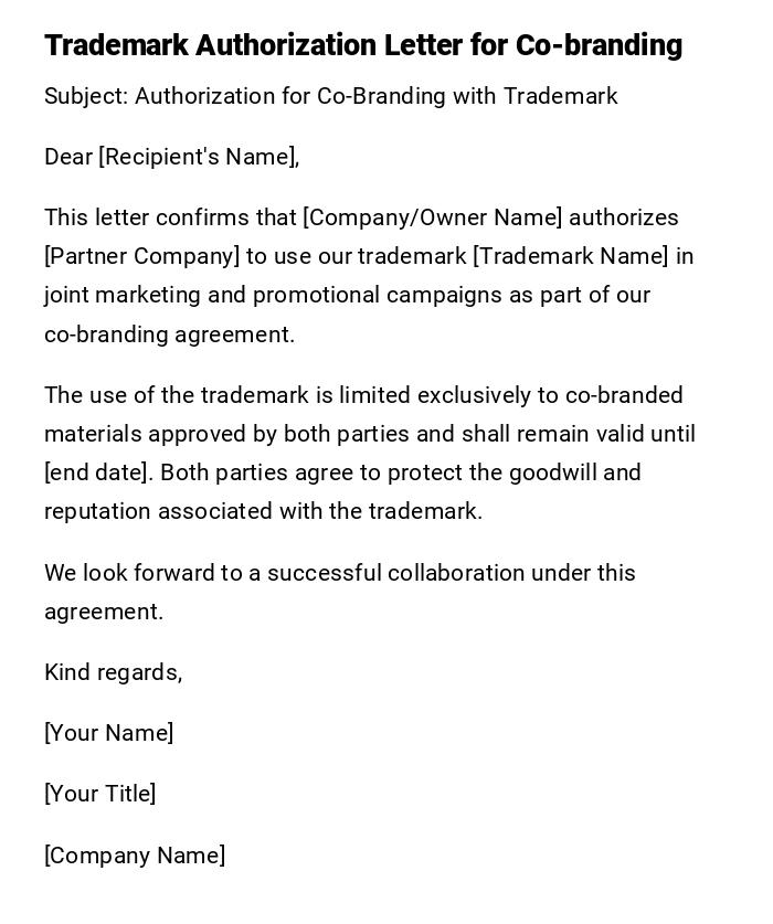 Trademark Authorization Letter for Co-branding Trademark Authorization Letter for Co-branding