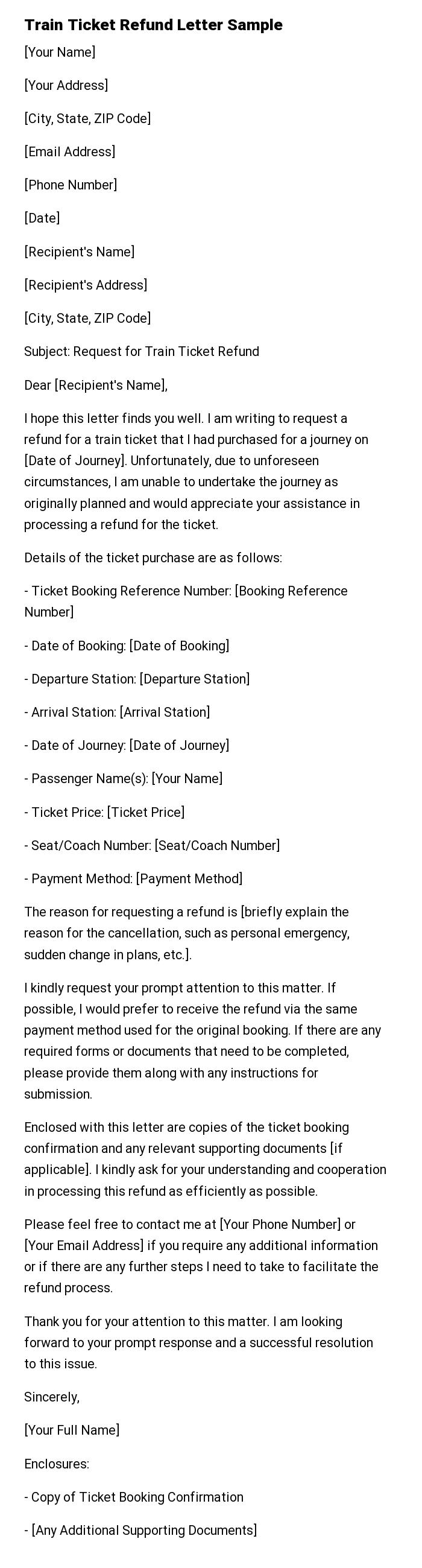 Train Ticket Refund Letter Sample