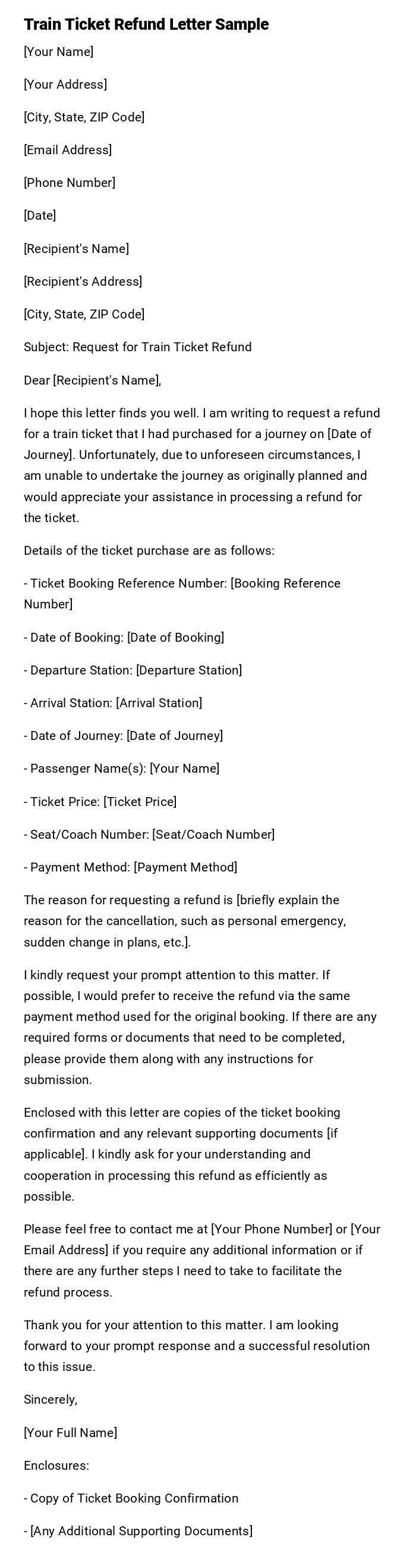 Train Ticket Refund Letter Sample