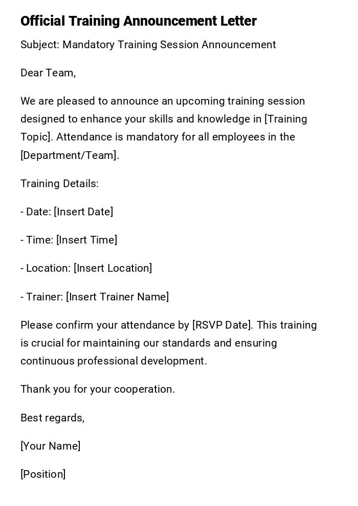 Official Training Announcement Letter Official Training Announcement Letter