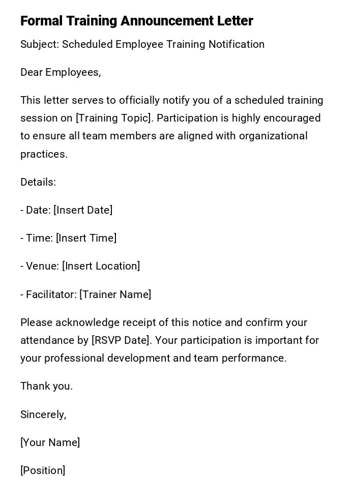 Formal Training Announcement Letter Formal Training Announcement Letter