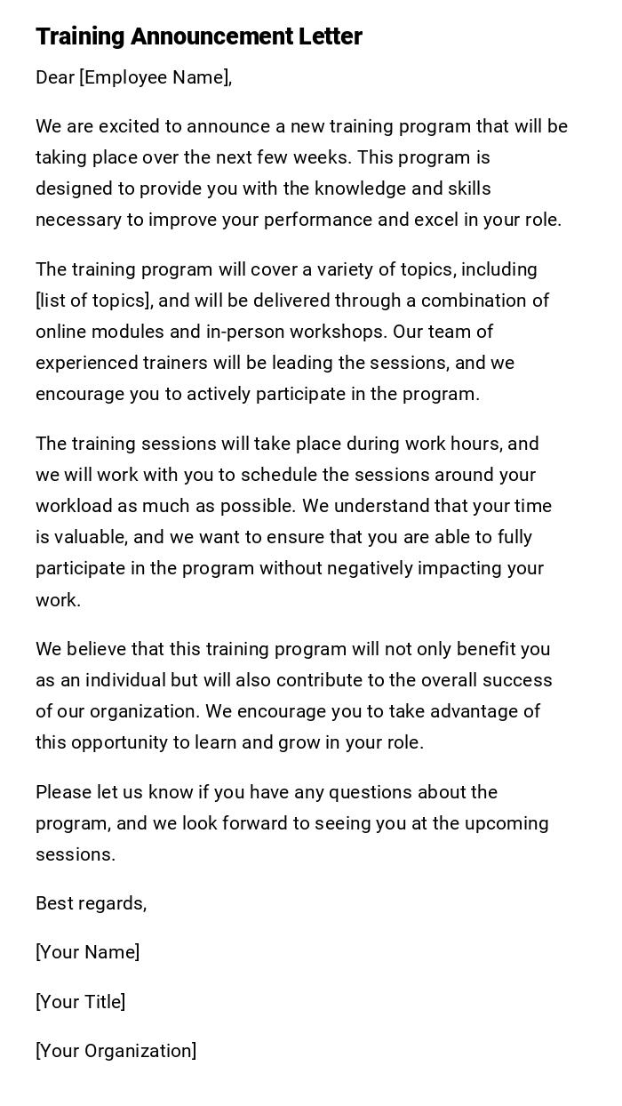 Training Announcement Letter Training Announcement Letter