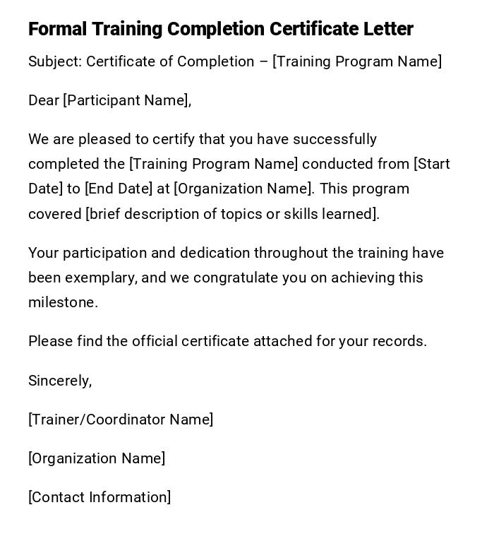 Formal Training Completion Certificate Letter