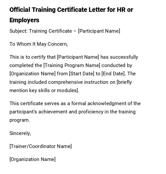 Official Training Certificate Letter for HR or Employers