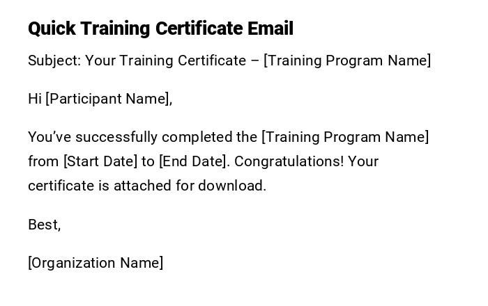 Quick Training Certificate Email