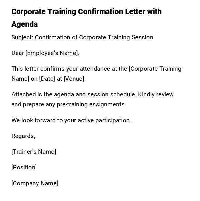 Corporate Training Confirmation Letter with Agenda