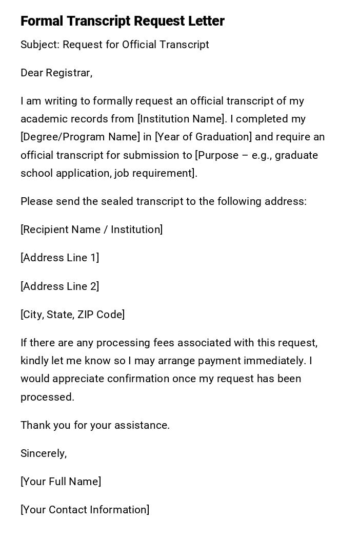 Formal Transcript Request Letter Formal Transcript Request Letter