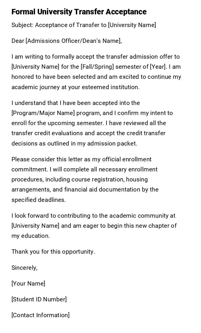 Formal University Transfer Acceptance Formal University Transfer Acceptance