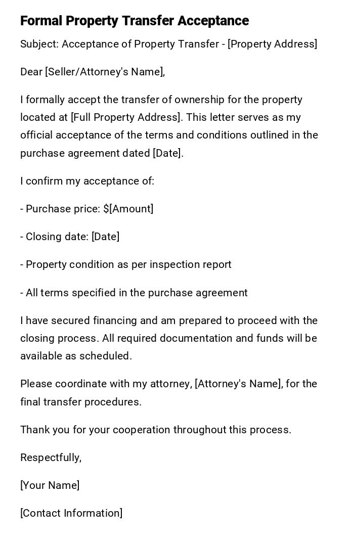 Formal Property Transfer Acceptance Formal Property Transfer Acceptance