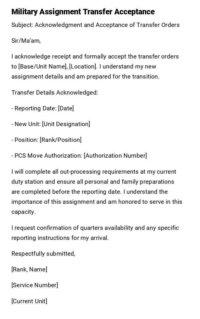 Military Assignment Transfer Acceptance Military Assignment Transfer Acceptance