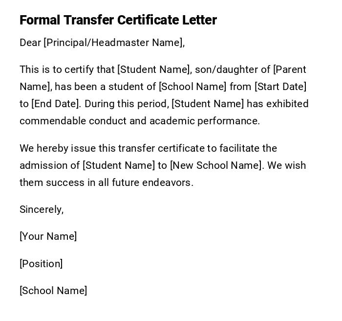 Formal Transfer Certificate Letter