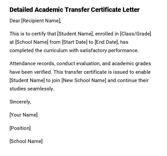 Detailed Academic Transfer Certificate Letter