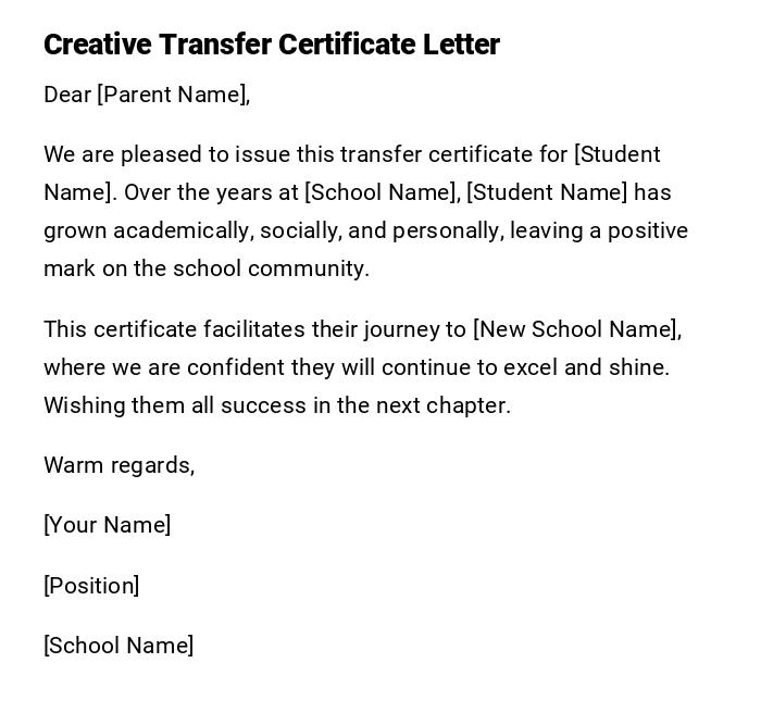 Creative Transfer Certificate Letter
