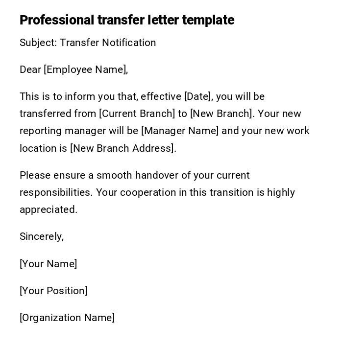 Professional transfer letter template Professional transfer letter template