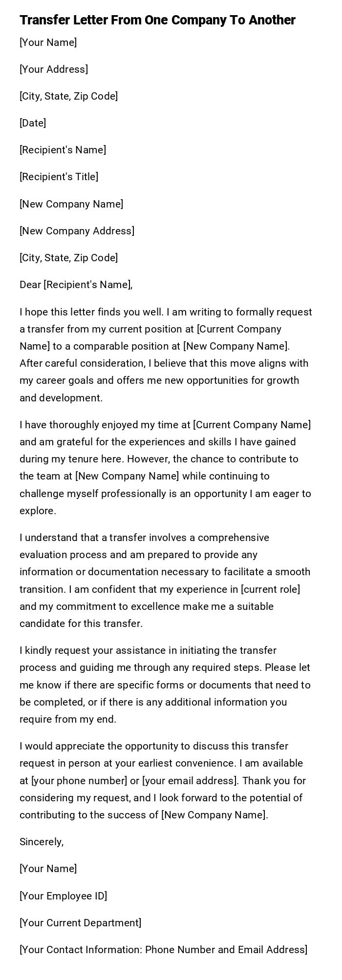 Transfer Letter From One Company To Another