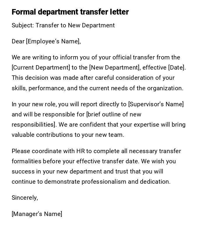 Formal department transfer letter Formal department transfer letter