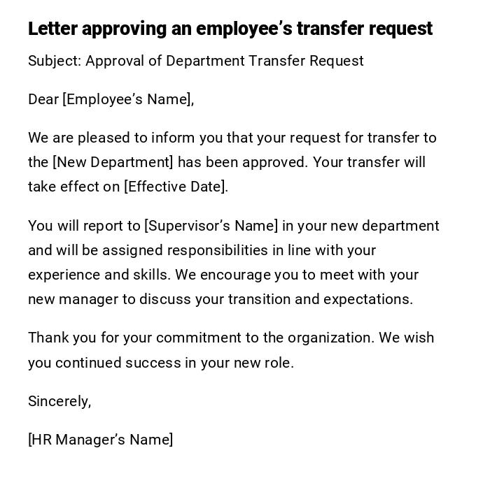 Letter approving an employee’s transfer request Letter approving an employee’s transfer request